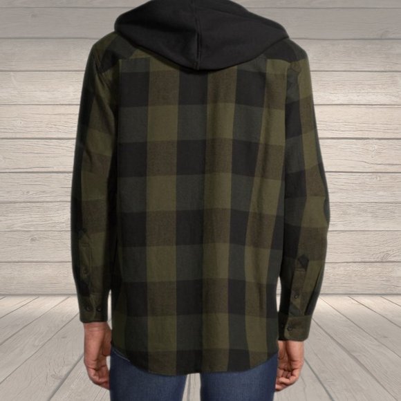 No Boundaries Men's Hooded Flannel Shirt Army Green and Black Checked - Picture 6 of 10